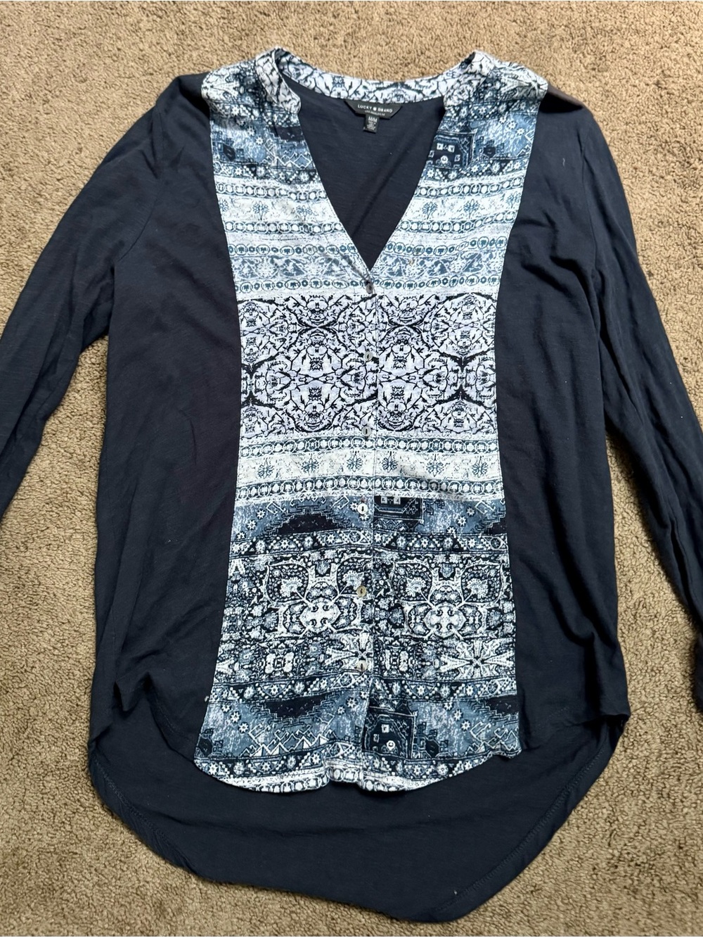 Lucky Brand Navy Long Sleeve V-Neck Top with Patterned Front Panel - Medium